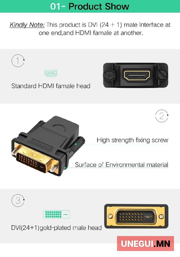 Ugreen dvi to hdmi adapter/ high speed adapter converter gold plated-3